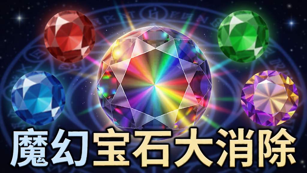 画面中央放置一颗巨大的发光魔法宝石,宝石内部折射出七彩光芒,四周环绕着红、蓝、绿、黄、紫五种颜色的普通宝石,背景是深邃的星空与魔法阵图案,整体采用3D渲染风格,细节丰富,画质清晰,干净无多余元素,画面中带有文字“魔幻宝石大消除”