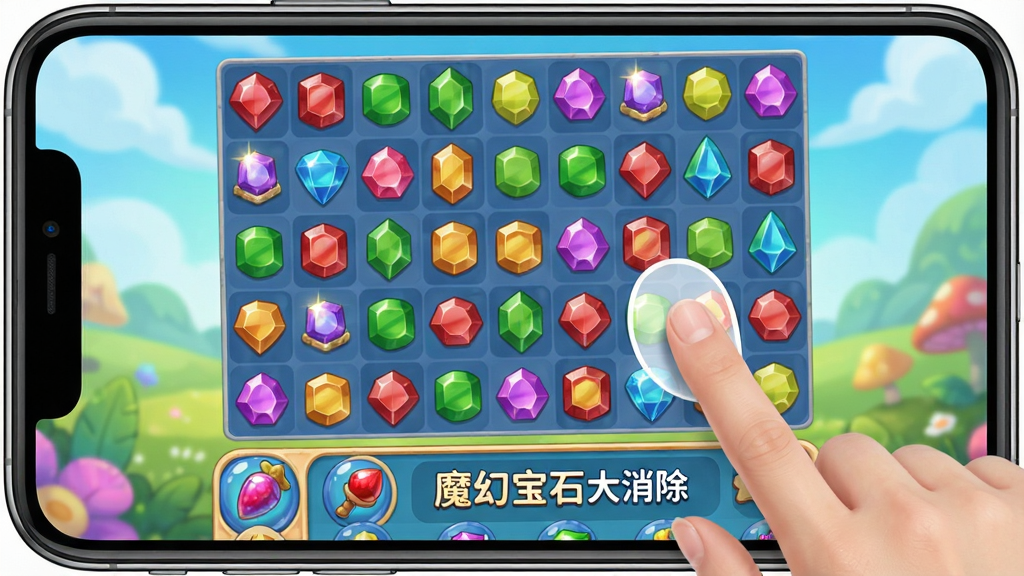 手机屏幕显示魔幻宝石大消除游戏界面,棋盘上宝石排列整齐,玩家手指正在滑动交换宝石,画面底部有道具栏,整体风格明亮清新,画质清晰,干净无多余元素,画面中带有文字“魔幻宝石大消除”