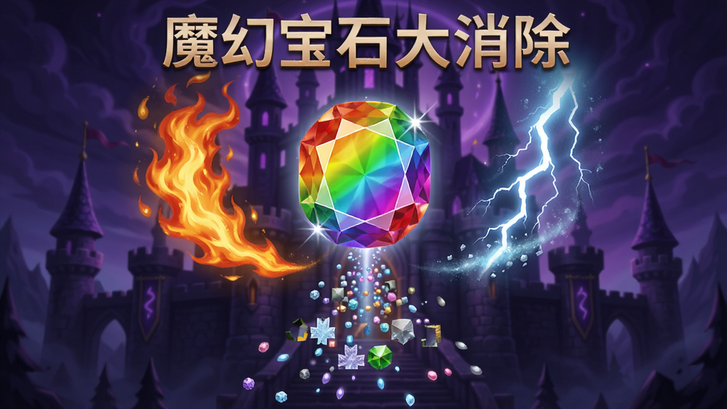 一颗闪耀的彩虹宝石悬浮在画面中央,周围环绕着火焰、冰霜、闪电三种魔法元素,背景为暗紫色魔法城堡,宝石下方有消除后的粒子特效,整体3D渲染,画质细腻,干净无多余元素,画面中带有文字“魔幻宝石大消除”