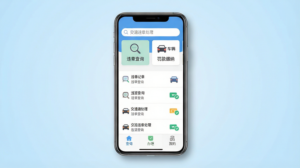 一张手机屏幕正面展示交通违章处理软件主界面,界面上方是搜索框和车辆信息卡片,中间是违章记录列表,底部是查询、办理、我的三个导航按钮;背景为干净的浅蓝色渐变,手机周围有轻微的阴影和光晕;整体采用扁平化UI风格,图标简洁清晰,文字使用中文并加引号标注“交通违章处理”“违章查询”“罚款缴纳”;画面干净整洁,无多余装饰元素,高清画质,适合软件下载站展示