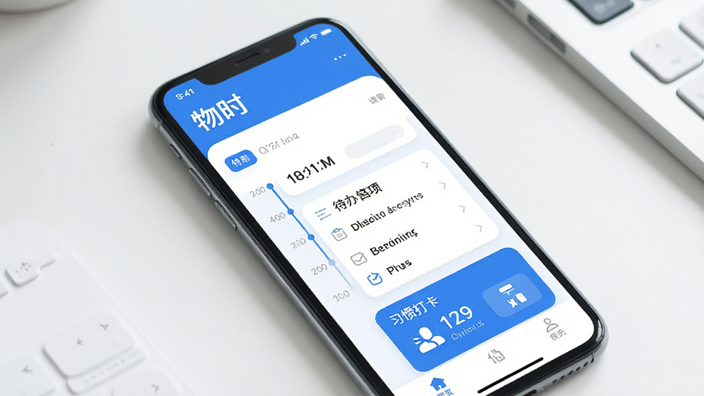 一张简洁现代的手机应用界面展示图,画面中央是「物时」APP的主界面,包含时间轴、待办事项列表和习惯打卡模块,配色以蓝白为主,风格清新简约,布局清晰,细节精致,画质高清,干净无多余元素