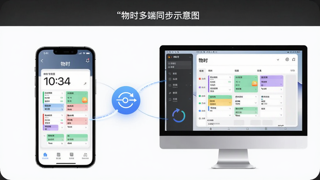 一张「物时」多端同步示意图,手机与电脑屏幕同时显示相同的时间管理界面,中间有同步图标连接,风格科技简约,画质干净