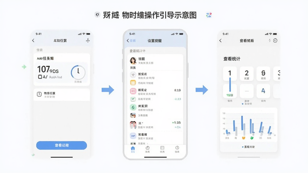 一张「物时」APP操作引导示意图,展示添加任务、设置提醒、查看统计三个步骤,界面简洁,风格清新,画质清晰