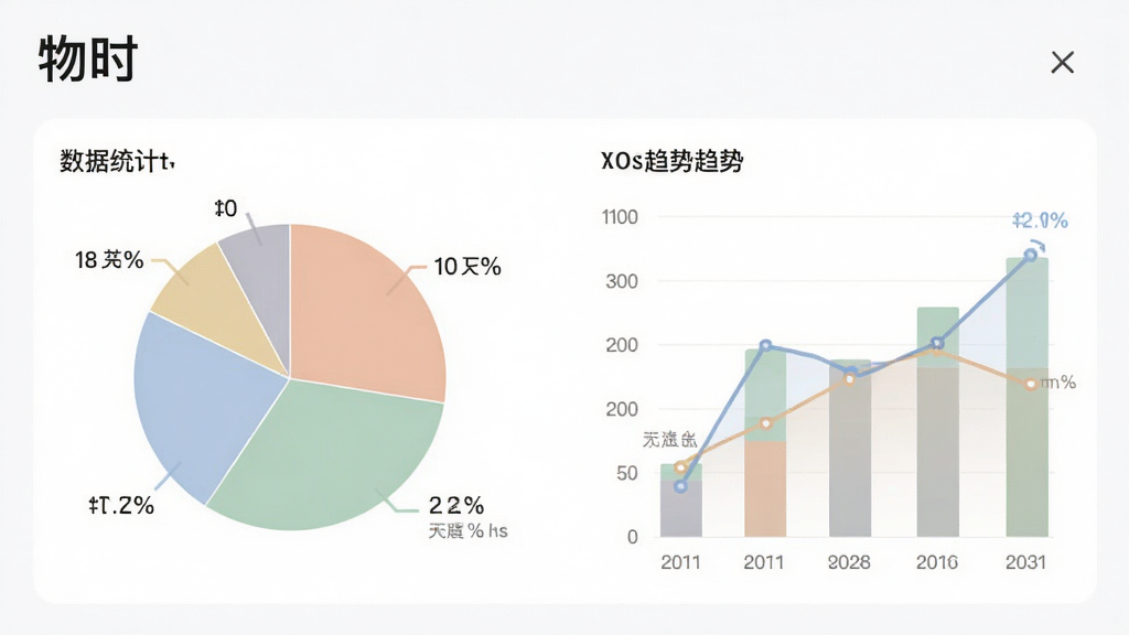 一张「物时」数据统计页面图,展示饼图、柱状图和趋势线,配色柔和,排版清晰,画质高清
