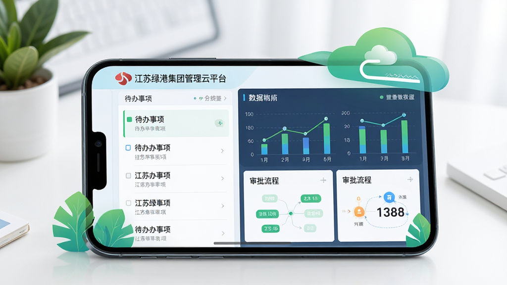 主体为一部智能手机,屏幕显示江苏绿港集团管理云平台的现代化办公界面,布局采用分屏设计,左侧是待办事项列表,右侧是数据图表与审批流程卡片,排版简洁清晰,风格为现代扁平化商务科技风,细节包含绿色植物与云朵的抽象融合元素,画质高清,画面干净,无多余元素,文字内容为中文。