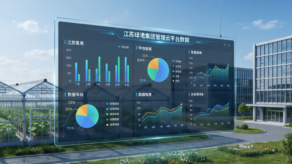 一张展示江苏绿港集团管理云平台数据驾驶舱界面的概念图,画面主体是一块悬浮在半空中的透明屏幕,屏幕上显示着柱状图、饼状图和折线图等丰富的数据可视化图表,背景是现代化的农业科技园区与办公楼,风格为未来科技感与商务感结合,画质清晰,排版规整,无多余杂项。