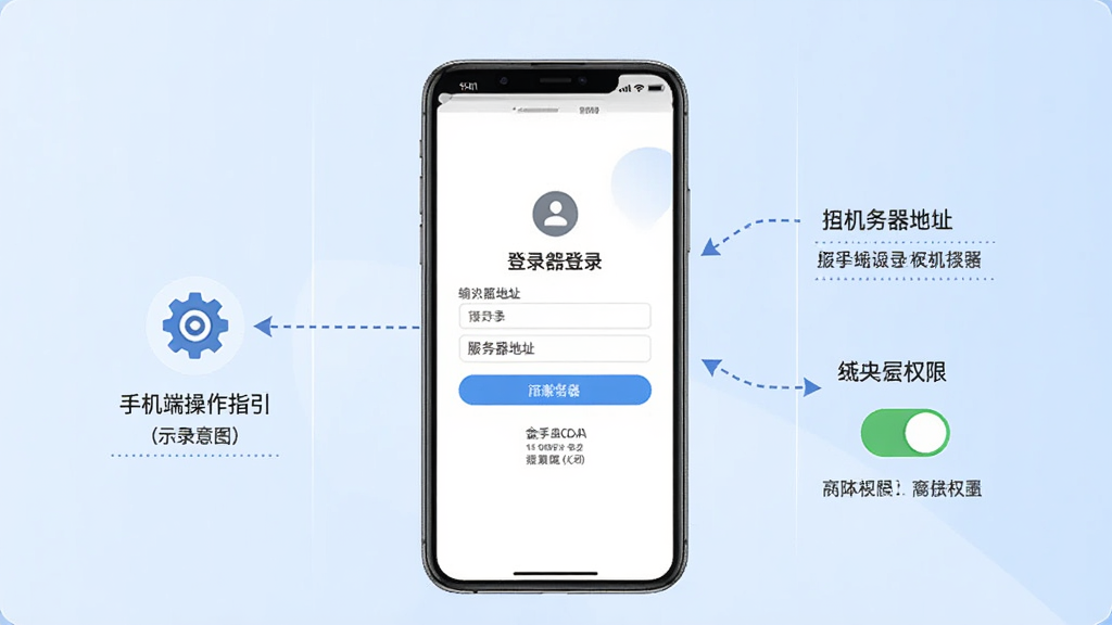 金手指OA手机端操作指引示意图,画面中央为一部手机展示登录界面和服务器地址输入框,旁边用虚线箭头指向设置齿轮图标和权限开关,背景为浅蓝色渐变,布局为左右分栏,风格为简洁信息图,细节包含小字号标注文字,画质清晰,干净,无多余元素