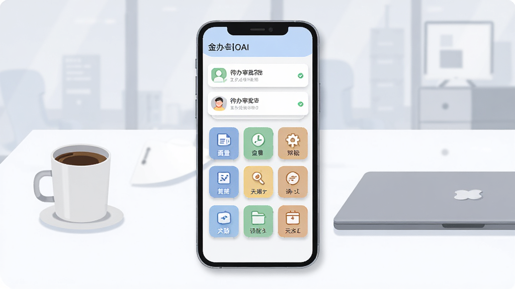 金手指OA移动办公主界面展示,画面中央是一部竖屏智能手机,屏幕内呈现待办审批列表与九宫格功能入口,背景是简洁的现代办公室桌面,桌上有一杯咖啡和一台合上的笔记本电脑,整体布局居中对称,风格为清爽扁平化UI插画,细节包含图标阴影和卡片圆角,画质清晰,干净,无多余元素