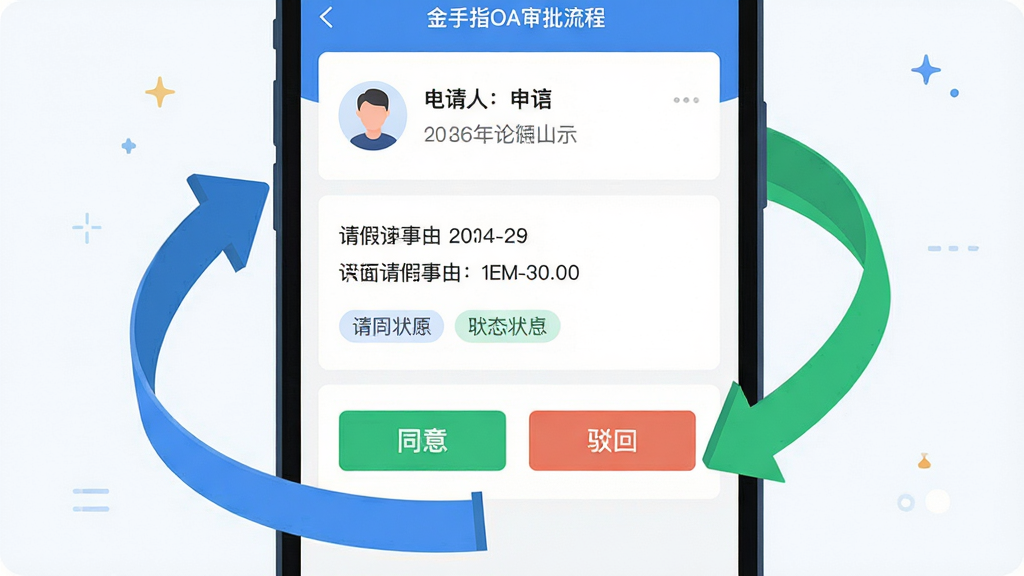 金手指OA审批流程界面特写,画面主体为手机屏幕显示一条请假审批单,上方是申请人信息与请假事由,下方排列同意与驳回按钮,屏幕外有蓝色和绿色的流程箭头环绕,布局为居中展示,风格为科技感扁平插画,细节包含时间戳和状态标签,画质清晰,干净,无多余元素