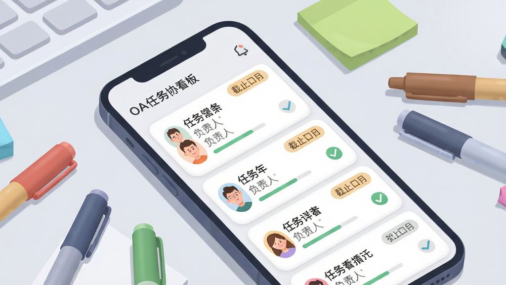 金手指OA任务协作看板,画面中央为手机屏幕内显示任务卡片列表,每张卡片上有标题、负责人头像和截止日期标签,背景是浅灰色工作台面,旁边散落几支彩色便签笔,布局为对角线构图,风格为柔和圆角扁平插画,细节包含进度条和勾选图标,画质清晰,干净,无多余元素