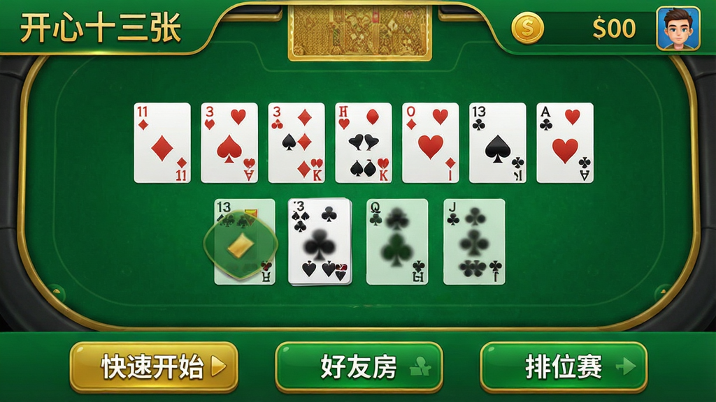 开心十三张游戏主界面截图,画面中央是绿色扑克桌,桌上整齐排列十三张扑克牌,左上角显示游戏名称“开心十三张”,右上角显示金币数量和玩家头像,底部有“快速开始”“好友房”“排位赛”等按钮,整体风格清爽休闲,配色以绿色和金色为主,画质清晰干净,无多余元素