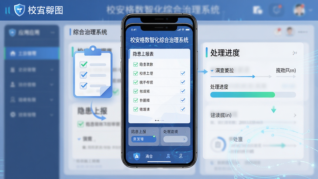 画面中心为带有“校安格数智化综合治理系统”字样的应用界面截图样式,展示隐患上报表单与处理进度条,主体为手机屏幕与悬浮的检查清单图标,布局采用居中对称,风格为现代扁平化科技风,细节包含勾选标记与流程箭头,画质清晰,干净,无多余元素