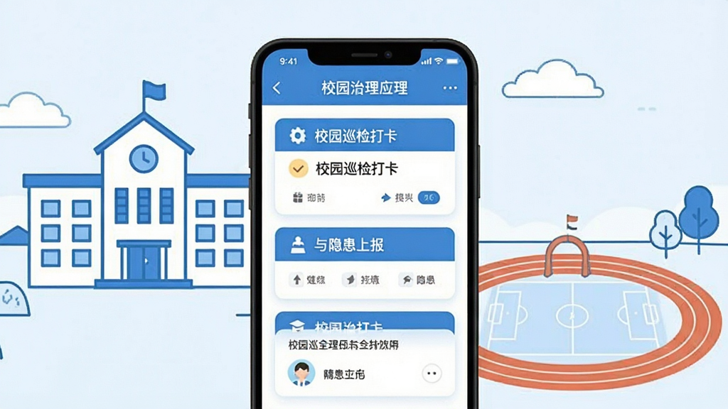手机屏幕中央展示校园安全治理应用界面,主体为一部竖屏智能手机,屏幕内呈现校园巡检打卡与隐患上报卡片式布局,背景为简洁的校园教学楼与操场简笔轮廓,整体采用蓝白配色,扁平化矢量风格,画面干净整洁,画质清晰,无多余元素