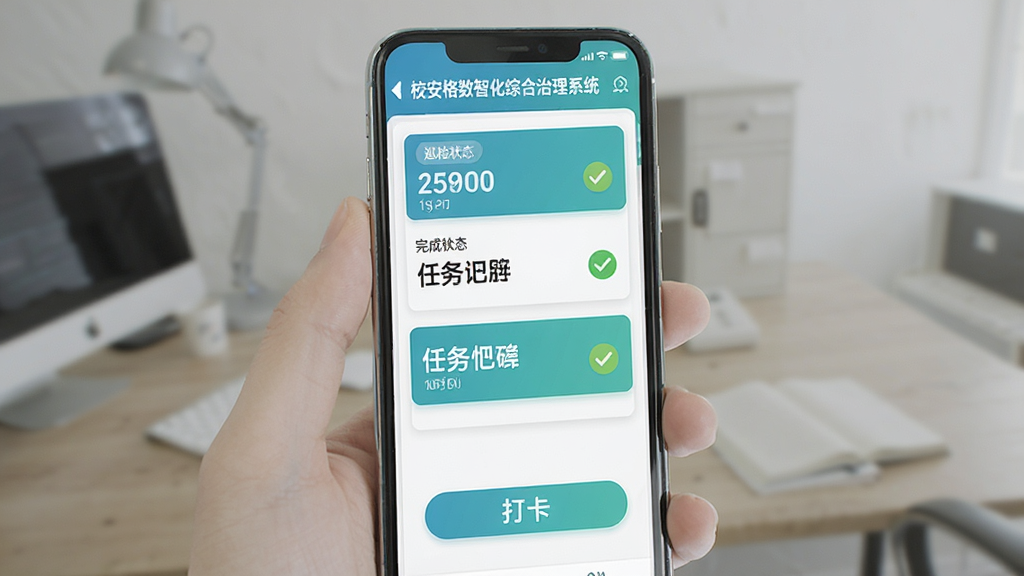 手机界面展示“校安格数智化综合治理系统”的巡检任务列表,主体为竖向排列的任务卡片与打卡按钮,布局清晰,风格为清爽的蓝绿色调扁平设计,细节包含时间标签与完成状态图标,画质清晰,干净,无多余元素