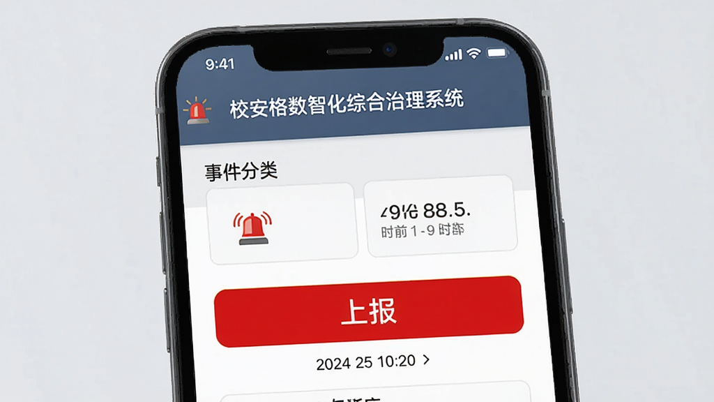 画面展示手机端“校安格数智化综合治理系统”事件上报页面,主体为醒目的红色上报按钮与事件分类选项,布局简洁,风格为应急管理类应用的严肃蓝灰配色,细节包含警报图标与时间戳,画质清晰,干净,无多余元素