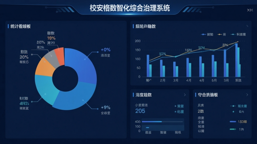 画面中心为“校安格数智化综合治理系统”的数据看板界面,主体为饼图与柱状图组合的统计面板,布局采用卡片式网格,风格为商务简约的深蓝科技风,细节包含数据标签与趋势线,画质清晰,干净,无多余元素