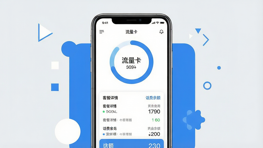 一张手机应用界面展示图,画面中央是一部现代智能手机,手机屏幕上显示着流量卡应用的主界面,界面中包含流量余量环形图、套餐详情列表和话费余额数字等元素。手机周围环绕着简约的蓝色和白色几何图形装饰,背景为干净的浅灰色。整体风格为扁平化UI设计,色彩清新明亮,画面干净整洁无多余元素,高清晰度,适合作为软件下载站的预览展示图。