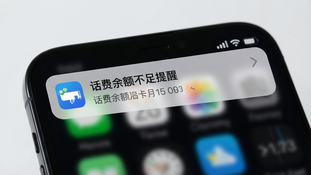 手机通知栏弹出流量卡应用的提醒消息,画面显示一部手机屏幕上方出现一条通知横幅,内容为话费余额不足提醒,手机背景为深色模式界面,通知卡片为浅色圆角设计,带有流量卡图标。整体画面简洁现代,聚焦于通知提醒这一功能点,画质细腻,无多余装饰。