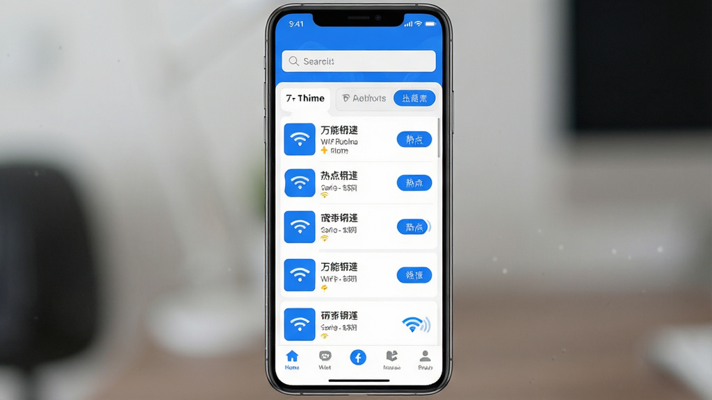 WiFi����Կ������������ȫòչʾ������Ϊһ�������ֻ���Ļ����Ļ�ϳ���WiFi����Կ��Ӧ����ҳ������Ϊ�������������в��ȵ��б����ײ����������Ű��������룬���Ϊ�ִ��Ƽ���UI��ƣ�ϸ�ڰ�����ɫ��ɫ����WiFi�ź�ͼ�ꡢ���Ӱ�ť���ȵ��������ź�ǿ�ȱ�ʶ�����ʸ��壬�ɾ����޶���Ԫ��