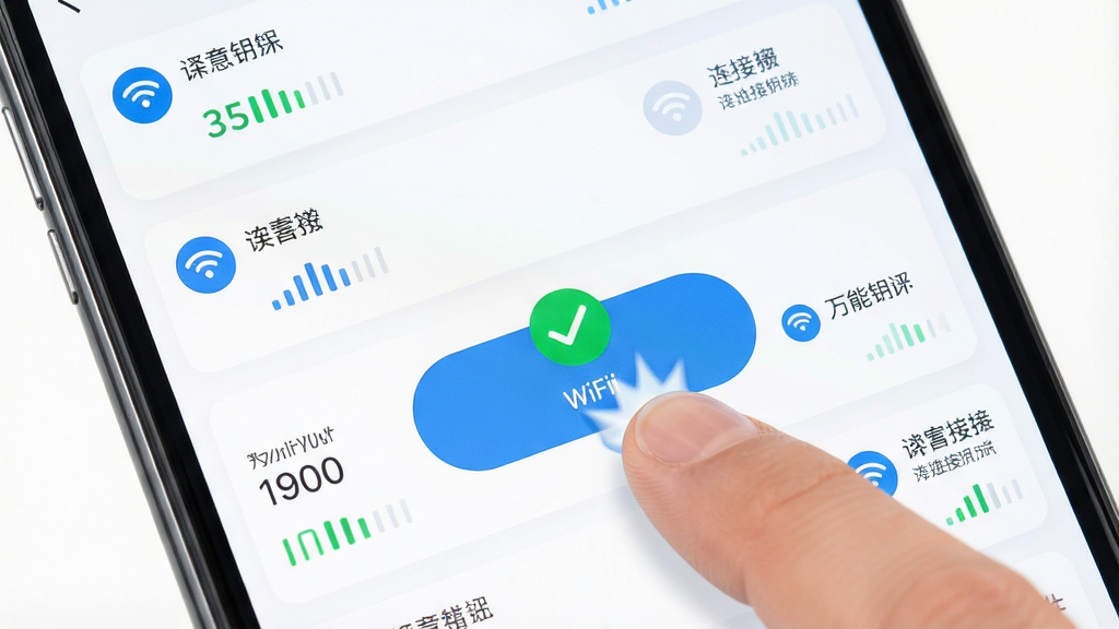 WiFi����Կ��һ�����ӹ���չʾ������Ϊ�ֻ���Ļ��д����Ļ����ʾWiFi����Կ�����ӽ��棬����Ϊ�����ť����Χ�����ȵ��б����Ű������ˣ����Ϊ���±�ƽ����ƣ�ϸ�ڰ�����ָ�����ť�Ķ���Ч�������ӳɹ�����ɫ�Թ�ͼ�ꡢ�ź�ǿ��ָʾ�������ʸ��壬�ɾ����޶���Ԫ��