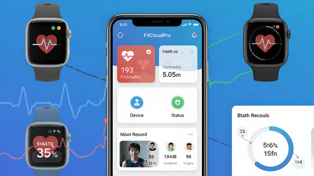 FitCloudPro软件主界面展示,画面中央放置一部智能手机,手机屏幕上显示FitCloudPro应用的主页界面,包含健康数据卡片、设备连接状态图标和运动记录模块,手机周围环绕智能手表、心率曲线、步数统计等元素,布局简洁清晰,风格为现代科技感扁平化设计,细节包括蓝色渐变背景、白色卡片式UI、圆形数据图表,画质高清,干净,无多余元素