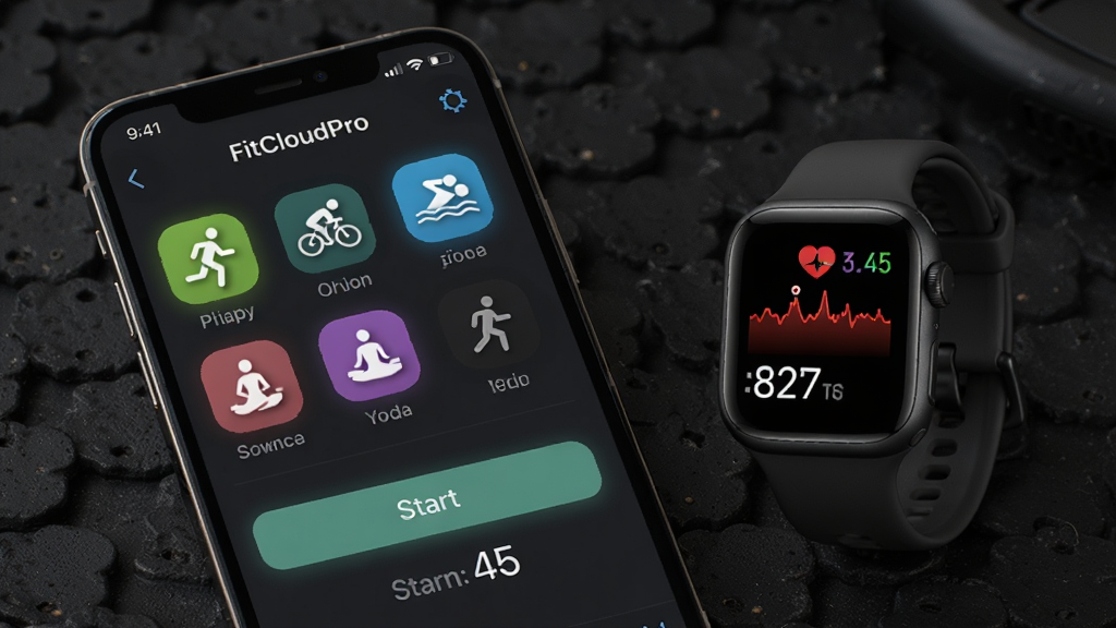 FitCloudPro运动模式选择界面展示,画面中手机屏幕显示FitCloudPro运动列表页面,包含跑步、骑行、游泳、瑜伽等运动图标和名称,手机旁边放置智能手表显示运动中的心率数据,背景为深色运动风格,细节包括运动图标、开始按钮、运动时长显示,画质高清,干净,无多余元素