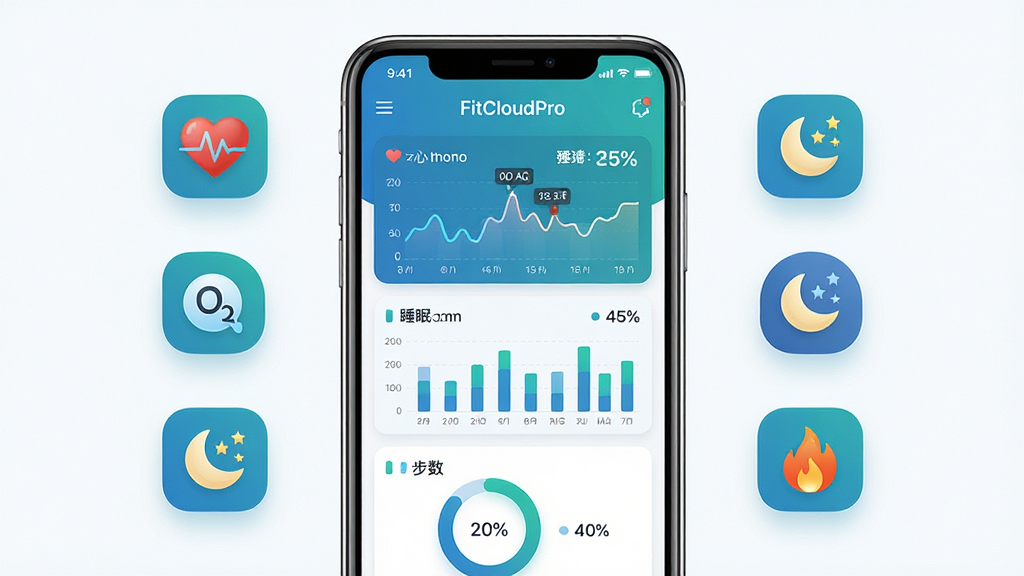 FitCloudPro健康数据看板展示,画面中央为手机屏幕显示FitCloudPro健康数据页面,包含心率折线图、睡眠柱状图、步数环形图等图表,手机两侧漂浮心率图标、血氧图标、睡眠月亮图标、火焰卡路里图标,布局对称美观,风格为健康科技类信息图,细节包括蓝绿色调、数据卡片、百分比数字,画质高清,干净,无多余元素