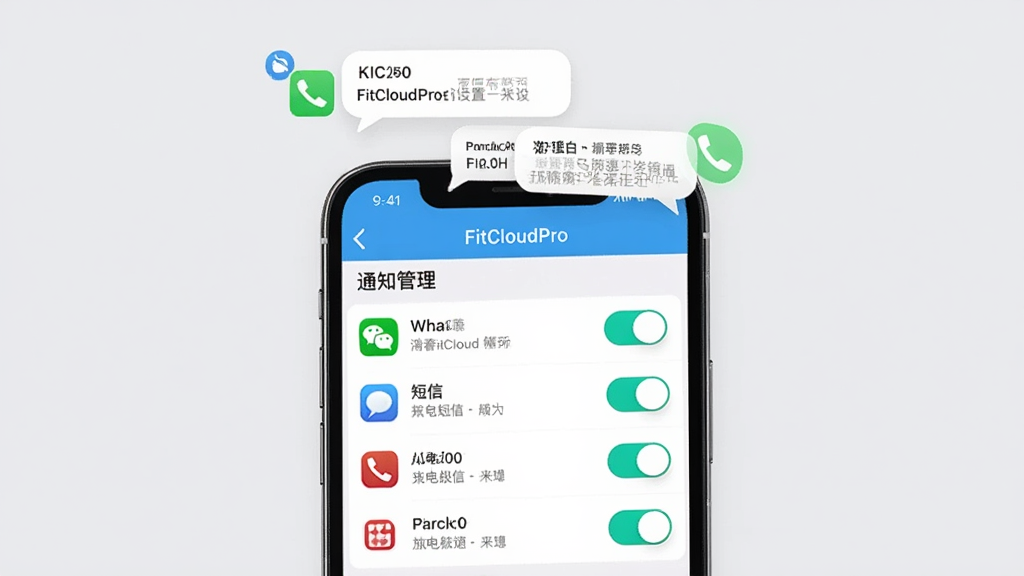FitCloudPro消息通知设置界面展示,画面中手机屏幕显示FitCloudPro的通知管理页面,包含微信、短信、来电等应用开关列表,手机上方漂浮聊天气泡和电话图标,背景为浅灰色,风格为简洁设置界面展示图,细节包括开关按钮、应用图标、通知预览卡片,画质高清,干净,无多余元素
