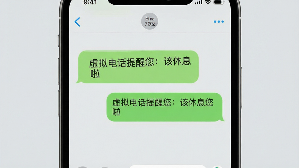 手机屏幕显示短信聊天界面,对话气泡中写着“虚拟电话提醒您:该休息啦”,界面风格简洁清新,背景为浅灰色,文字清晰,画质干净,无多余装饰。