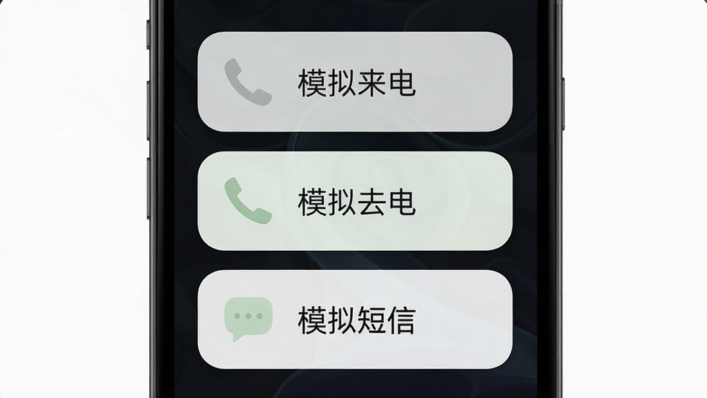 手机屏幕显示虚拟电话应用的主界面,界面中有“模拟来电”“模拟去电”“模拟短信”三个大按钮,背景为深色护眼模式,文字清晰,布局整齐,风格简约,画质干净。