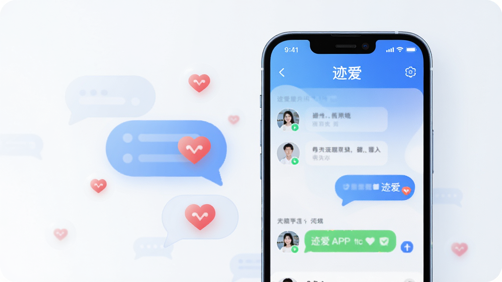 主体为一部智能手机居中展示,屏幕内呈现迹爱APP的聊天交友界面,布局上手机置于画面中央偏右,左侧留白处放置半透明聊天气泡与爱心图标,排版简洁清晰,风格为现代扁平化科技感,细节上手机边框圆润、界面色彩以蓝白渐变为主,画质高清干净,画面中文字标注“迹爱”,无多余元素