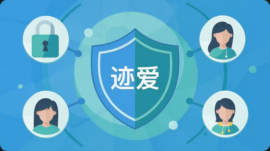 主体为迹爱APP的隐私设置页面截图风格插画,布局上以盾牌图标为核心,周围环绕锁形图标与用户头像,排版居中对称,风格为安全防护主题的扁平插画,细节上色调以蓝绿为主、线条简洁、层次分明,画质高清干净,画面中文字标注“迹爱”,无多余元素