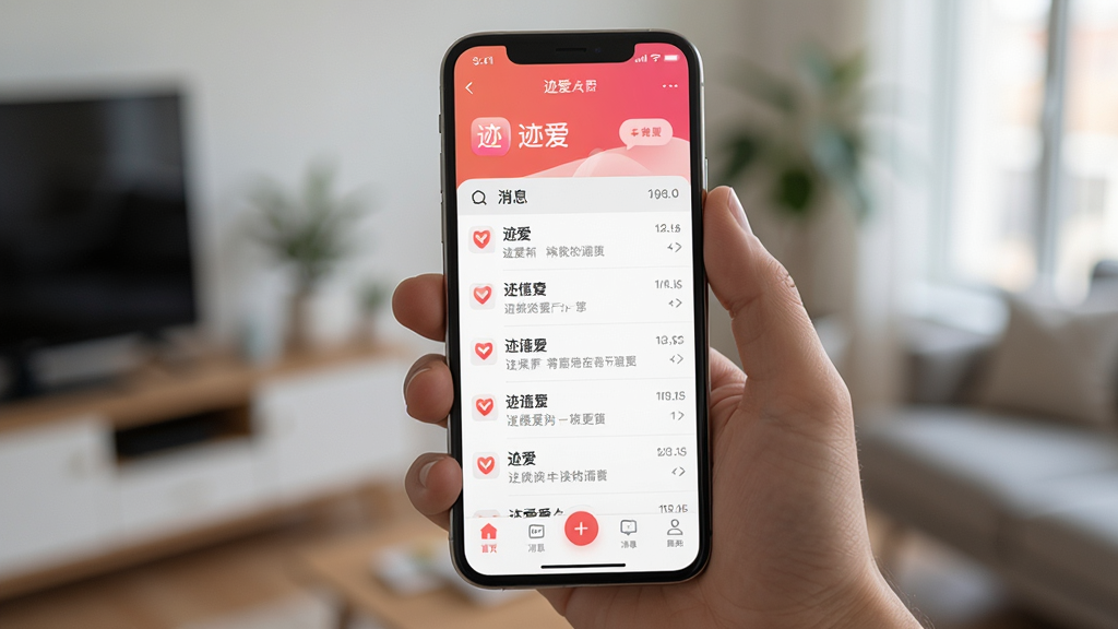 主体为手机屏幕展示迹爱APP主界面,布局上采用手持手机视角,背景为模糊的室内场景,排版突出底部导航栏与消息列表,风格为真实使用场景摄影风,细节上屏幕亮度适中、图标清晰、界面文字可辨,画质高清干净,画面中文字标注“迹爱”,无多余元素