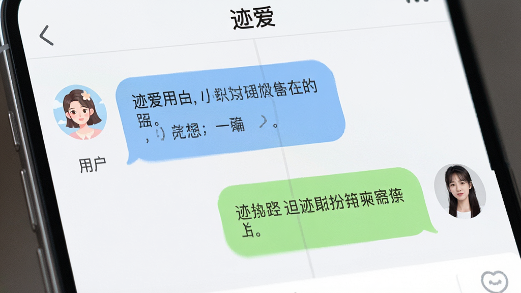 主体为迹爱APP的聊天界面特写,布局上采用左右分栏展示对话气泡,左侧为用户头像与消息,右侧为对方回复,排版模拟真实手机屏幕,风格为清新简约的UI设计风,细节上气泡圆角、配色柔和、文字清晰可读,画质高清干净,画面中文字标注“迹爱”,无多余元素