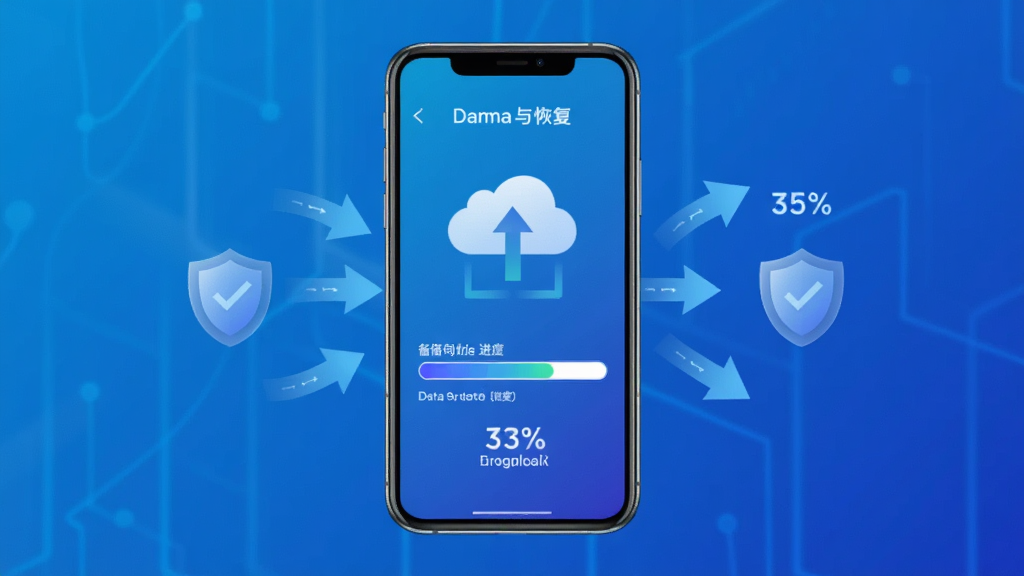 一张展示通讯邦数据备份与恢复功能的示意图,主体为手机屏幕显示备份进度条与云端图标,布局为居中构图,风格为科技蓝渐变风,细节包括数据同步箭头、盾牌安全图标和进度百分比,画质高清,干净,无多余元素