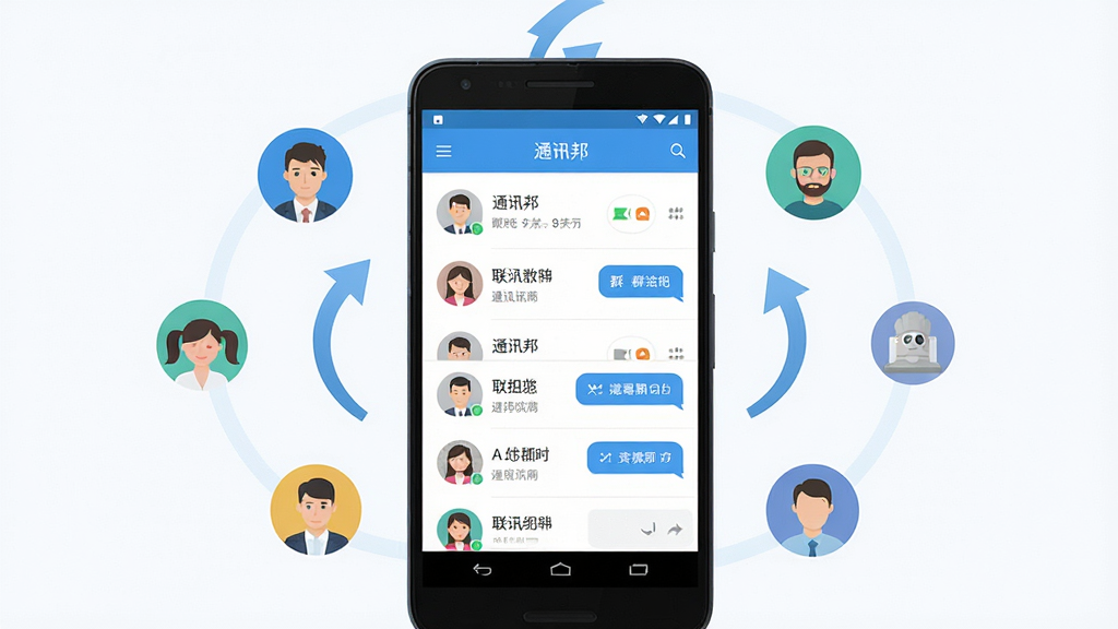 一张展示通讯邦软件核心功能的宣传图,主体是一部安卓手机屏幕,屏幕中央显示通讯邦应用主界面,界面中包含联系人列表、群组图标、消息气泡等元素,布局采用居中构图,排版简洁清晰,风格为现代扁平化科技风,细节上手机周围环绕通讯录头像小图标与数据同步箭头,画质高清,干净,无多余元素