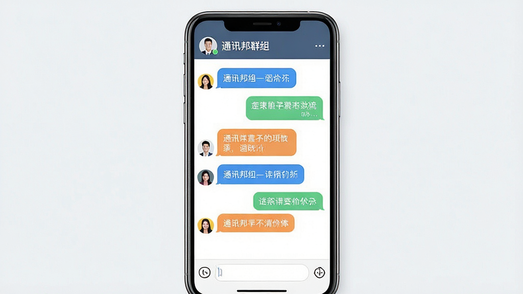 一张展示通讯邦群组通讯功能的界面示意图,主体为手机屏幕显示群组聊天界面,布局为顶部群组名称、中部消息气泡列表、底部输入框,风格为简约商务风,细节包括不同颜色的消息气泡和成员头像,画质高清,干净,无多余元素