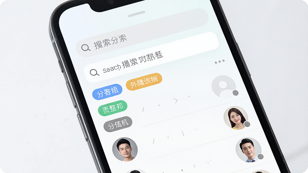 一张展示通讯邦智能通讯录整理功能的界面截图风格图片,主体为手机屏幕,屏幕上显示联系人分组标签与搜索框,布局为上下结构,上方是搜索栏,下方是分组列表,风格为清爽浅色系,细节包括不同颜色的分组标签和联系人头像,画质高清,干净,无多余元素