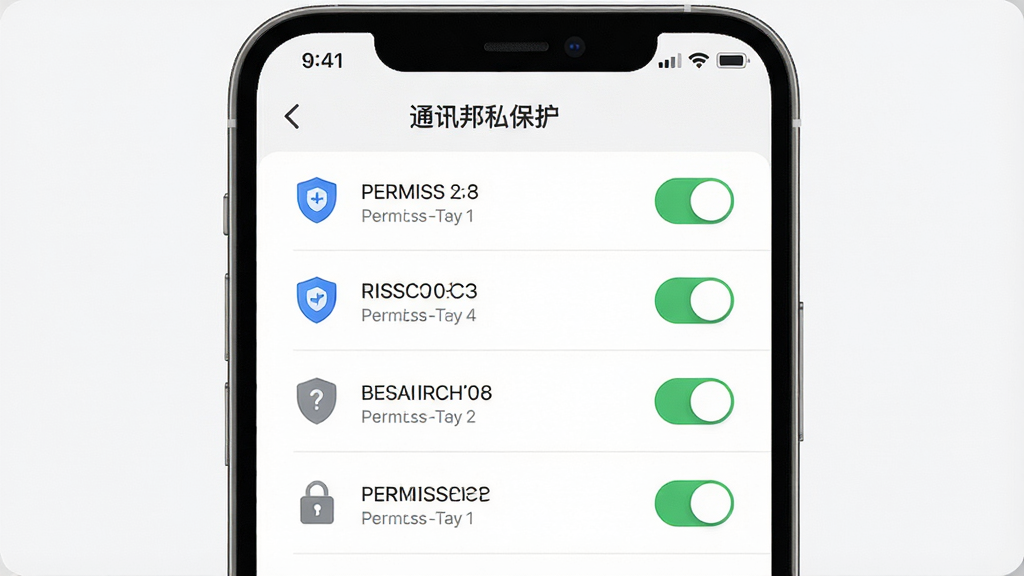 一张展示通讯邦隐私保护功能的示意图,主体为手机屏幕显示权限管理界面,布局为列表式排列,风格为素雅极简风,细节包括权限开关按钮、盾牌图标和锁形图标,画质高清,干净,无多余元素