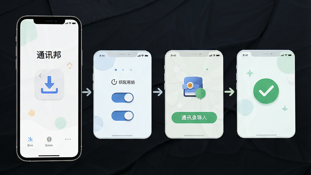 一张展示通讯邦新手使用步骤的示意图,主体为手机屏幕显示安装向导界面,布局为四步流程图,风格为清新浅色风,细节包括下载图标、权限开关、通讯录导入按钮和完成打勾图标,画质高清,干净,无多余元素