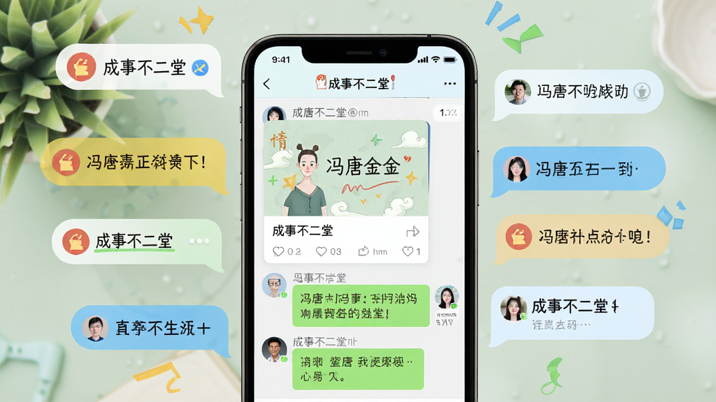 一张展示成事不二堂每日更新与社群互动的图片,主体为手机屏幕显示每日推送卡片与社群聊天界面,布局为手机在中央、周围有消息气泡,排版为活泼的社交风格,风格为清新明亮,细节包括卡片上有冯唐金句、社群头像多样、界面有“成事不二堂”标识,画质高清,干净,无多余元素。