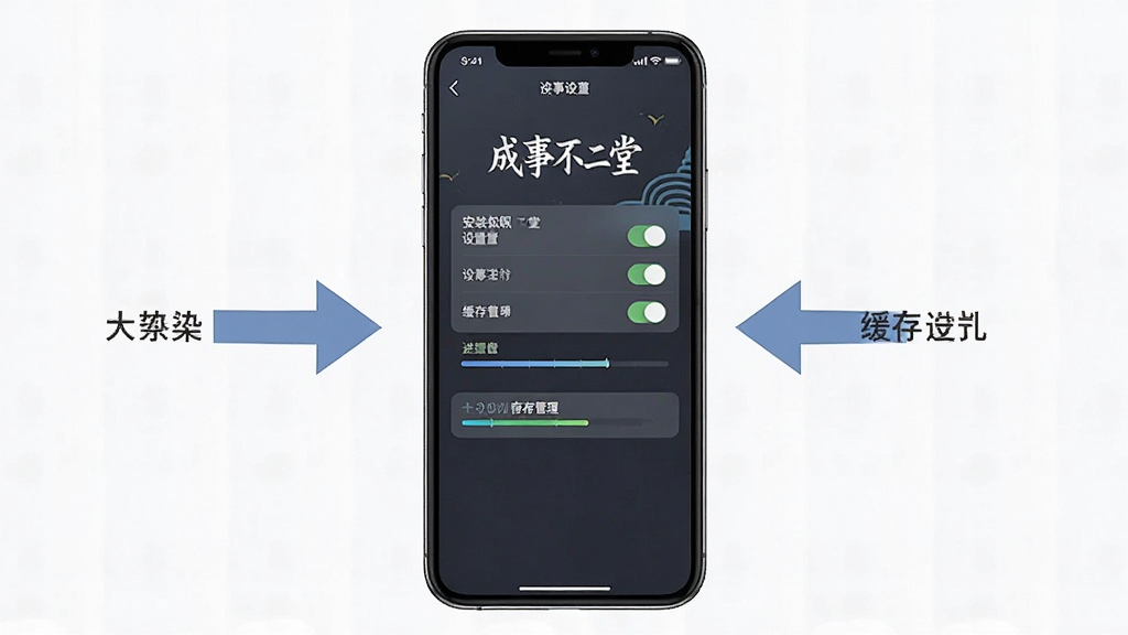 一张展示成事不二堂新手操作界面的图片,主体为手机屏幕显示安装权限设置与缓存管理页面,布局为手机居中、旁边有箭头指示,排版为教程风格,风格为简洁明快,细节包括设置开关、缓存进度条、界面有“成事不二堂”文字,画质高清,干净,无多余元素。