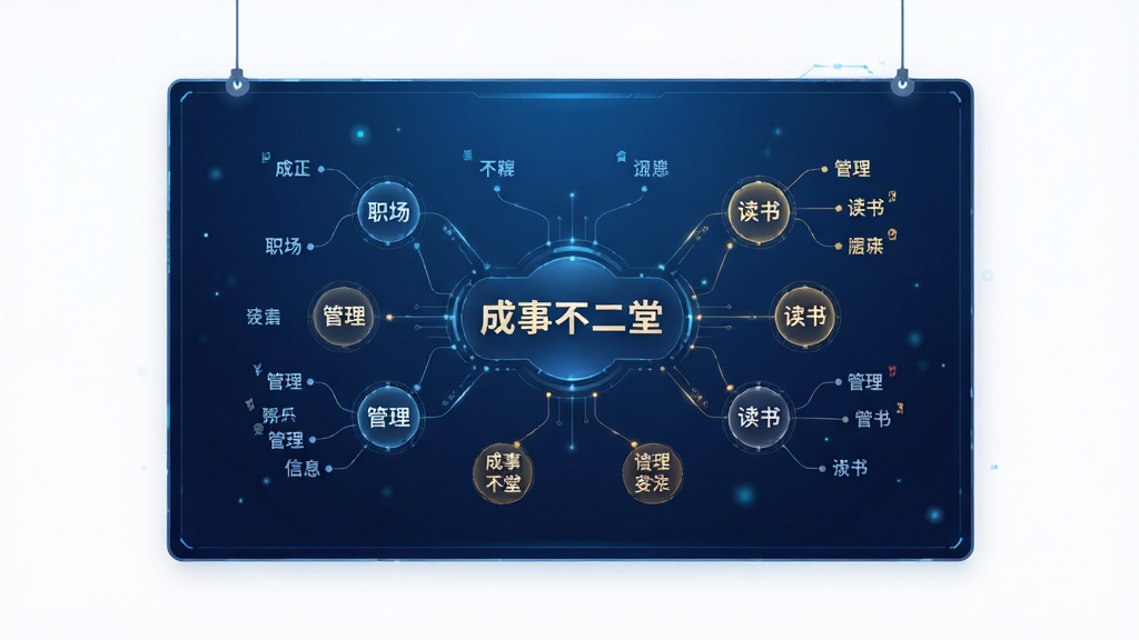 一张展示成事不二堂体系化知识库的图片,主体为一块悬浮的知识图谱面板,面板上有多个分类节点,布局为居中展示,排版为信息图风格,风格为科技感与书卷气结合,细节包括节点标签如“职场”“管理”“读书”、连线清晰、背景为深蓝色渐变,画面中出现“成事不二堂”文字,画质高清,干净,无多余元素。