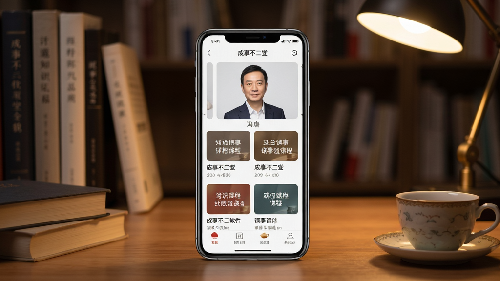 一张展示成事不二堂软件核心全貌的图片,主体为一部智能手机,屏幕显示成事不二堂APP首页界面,界面中有冯唐头像与课程卡片,背景为书房场景,布局为手机居中,四周有书籍与茶杯点缀,排版简洁,风格为现代知识付费类APP宣传图,细节包括木质桌面、暖色灯光、界面图标清晰,画质高清,干净,无多余元素。