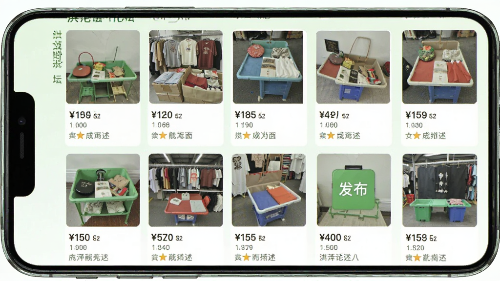一幅展示洪泽论坛跳蚤市场板块的界面图,手机屏幕内呈现二手商品列表与发布按钮,画面中有洪泽论坛字样,布局为网格状商品展示,风格为清新浅绿色调,细节包含商品图片、价格、成色描述,画质高清,干净,无多余元素