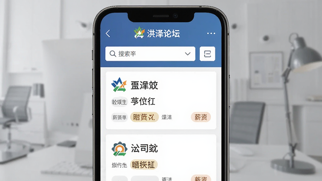 一幅展示洪泽论坛招聘板块的界面图,手机屏幕内呈现职位列表与搜索筛选栏,画面中有洪泽论坛字样,布局为卡片式职位信息展示,风格为简约商务风,细节包含公司Logo、岗位名称、薪资标签,画质高清,干净,无多余元素