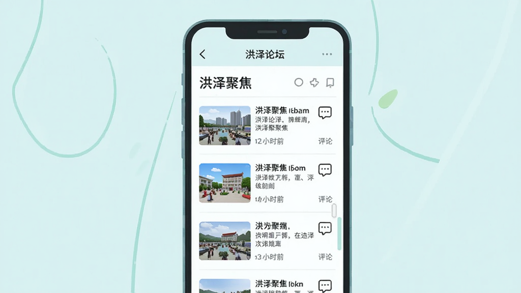 一幅展示洪泽论坛资讯页面的插画,主体为手机屏幕中显示洪泽本地新闻列表,标题包含洪泽聚焦字样,布局为上下滑动信息流,风格为清新浅色系扁平设计,细节有新闻缩略图、发布时间、评论图标,画质清晰,干净,无多余元素