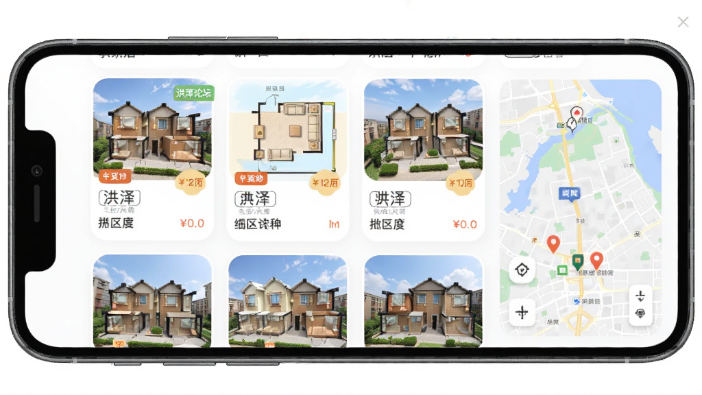 一幅展示洪泽论坛房产板块的界面图,手机屏幕内呈现房源列表与地图找房功能,画面中有洪泽论坛字样,布局为图文结合的房源卡片,风格为柔和圆角设计,细节包含房屋户型图、价格标签、小区名称,画质清晰,干净,无多余元素
