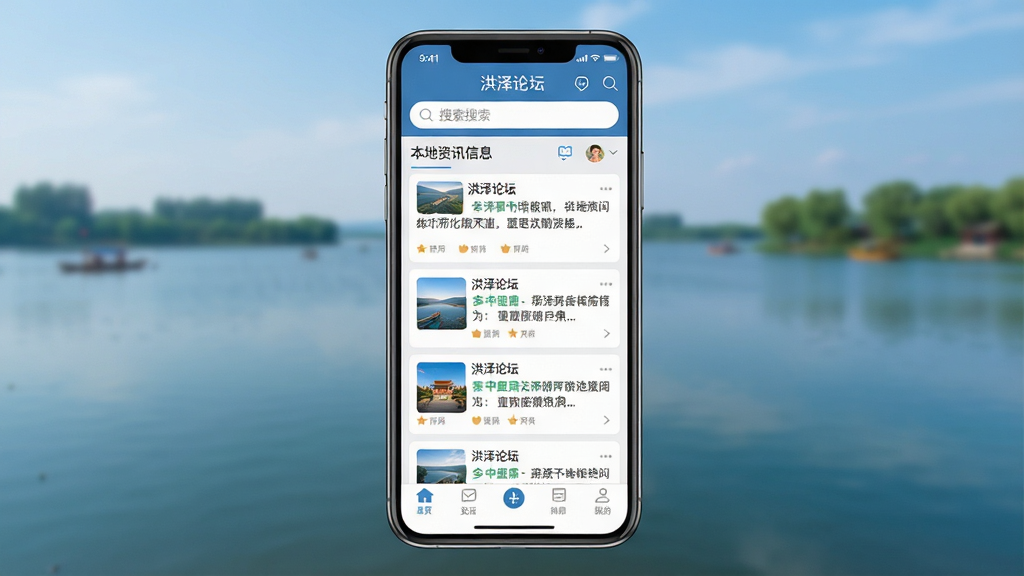一张手机屏幕展示洪泽论坛应用主界面的场景图,画面中央是手机竖屏展示,屏幕内呈现本地资讯信息流与功能图标排列,背景为洪泽湖风光虚化处理,整体布局简洁清晰,风格为现代扁平化UI设计,细节包含顶部搜索栏、中部卡片式帖子列表、底部导航栏,画质高清,干净,无多余元素