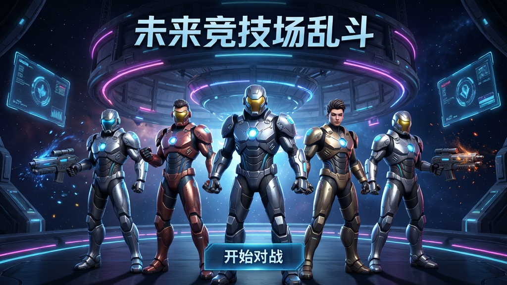 未来竞技场乱斗游戏主界面全景展示,画面中央是五位身着未来科技战甲的英雄角色并排站立,背景是悬浮于太空中的巨大竞技场,四周环绕着霓虹光效和全息投影屏幕,布局采用中心对称构图,上方显示游戏名称